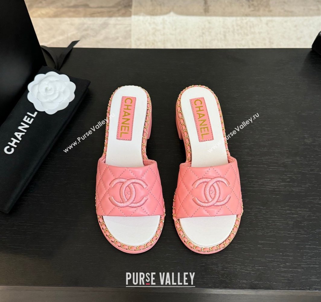 Chanel Quilted Lambskin Heel Slides Sandal with Chain Pink 2025 CH030407 (MD-250304120)