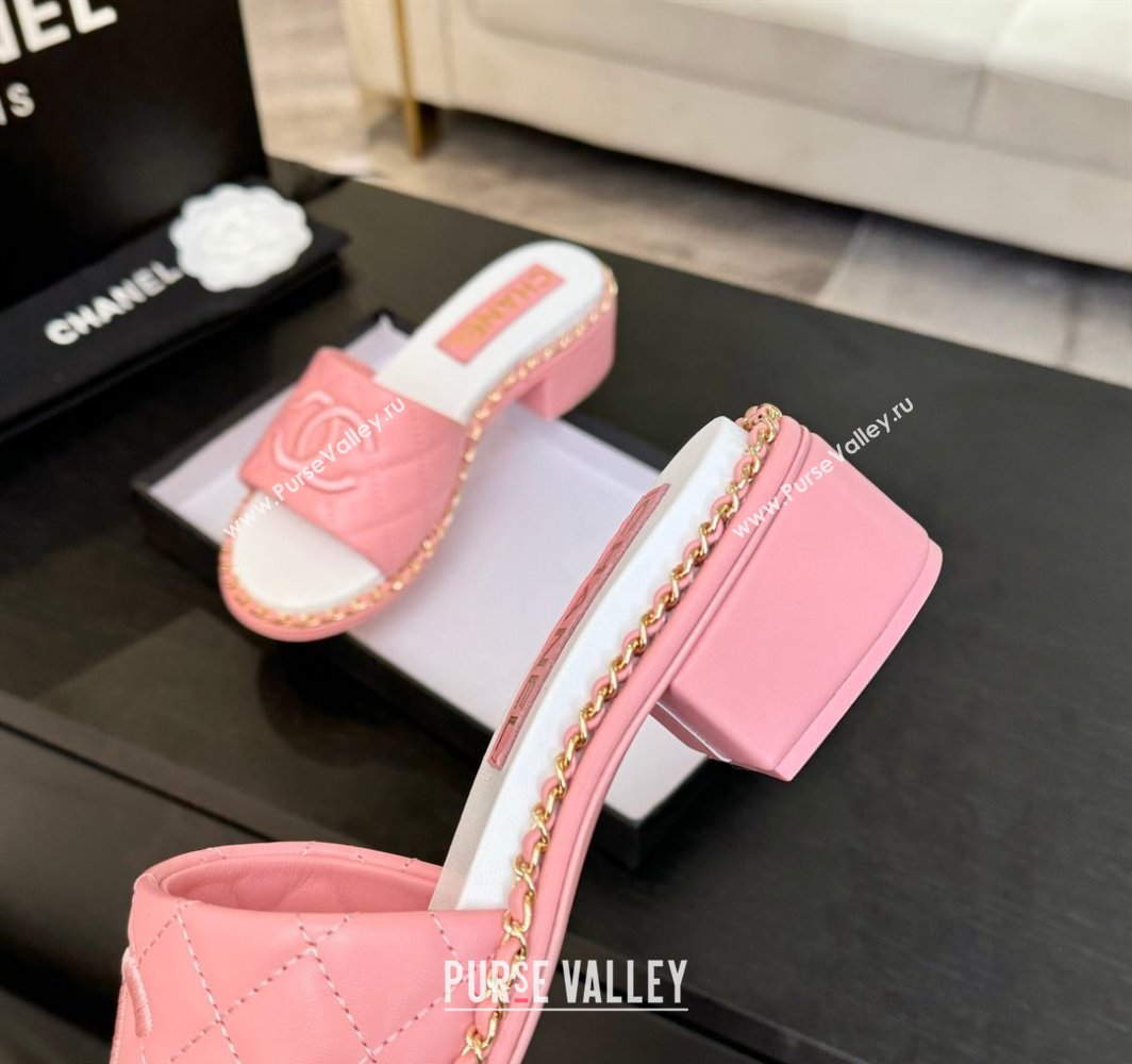 Chanel Quilted Lambskin Heel Slides Sandal with Chain Pink 2025 CH030407 (MD-250304120)