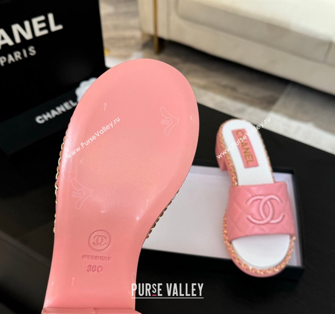 Chanel Quilted Lambskin Heel Slides Sandal with Chain Pink 2025 CH030407 (MD-250304120)