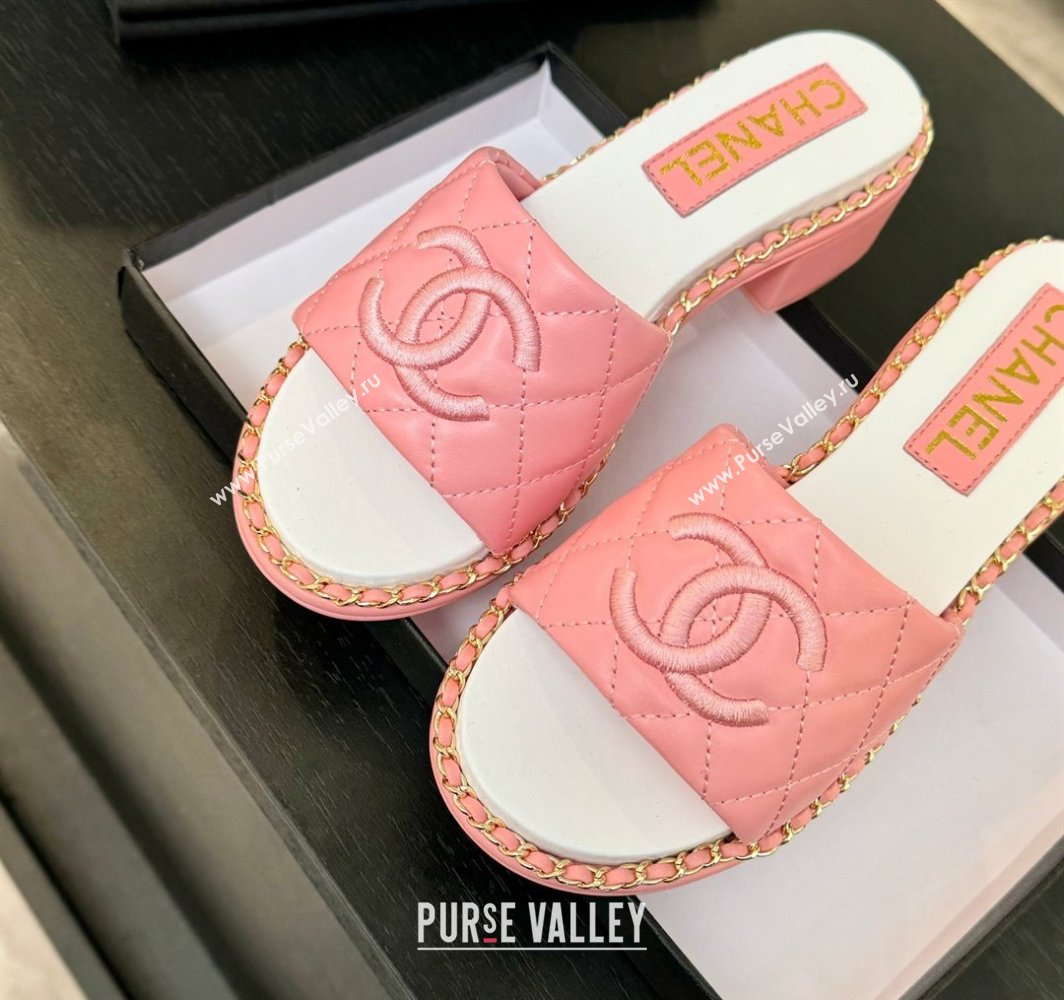 Chanel Quilted Lambskin Heel Slides Sandal with Chain Pink 2025 CH030407 (MD-250304120)
