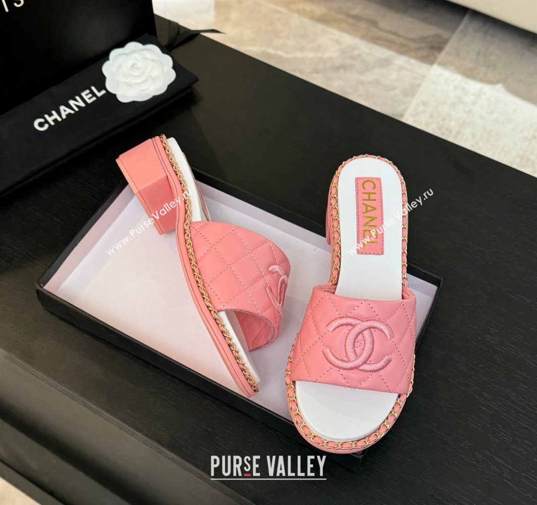 Chanel Quilted Lambskin Heel Slides Sandal with Chain Pink 2025 CH030407 (MD-250304120)