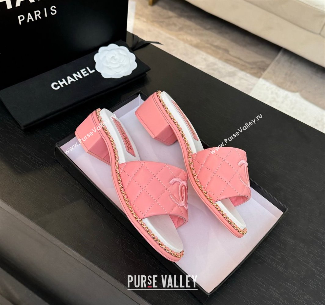 Chanel Quilted Lambskin Heel Slides Sandal with Chain Pink 2025 CH030407 (MD-250304120)