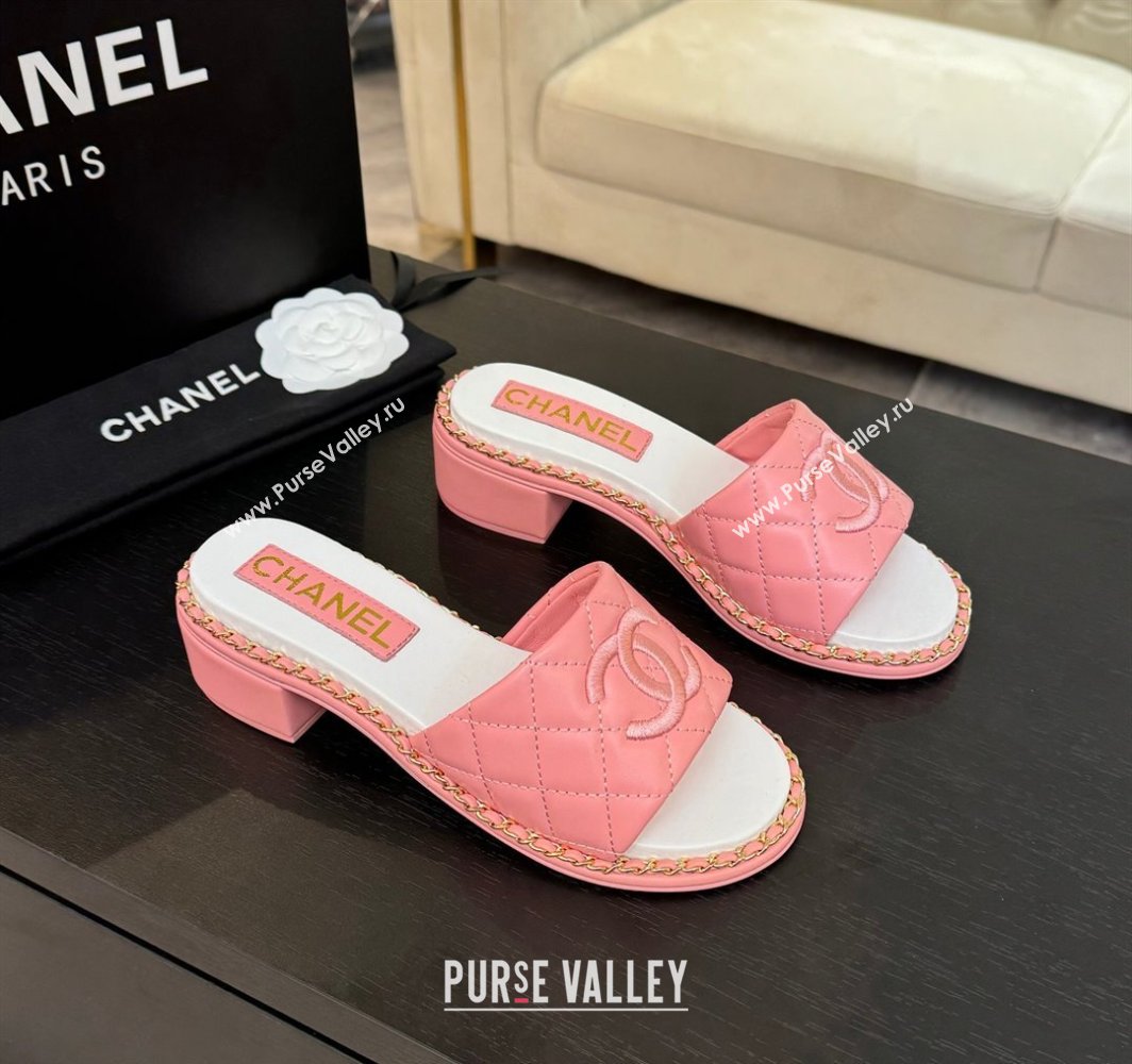 Chanel Quilted Lambskin Heel Slides Sandal with Chain Pink 2025 CH030407 (MD-250304120)