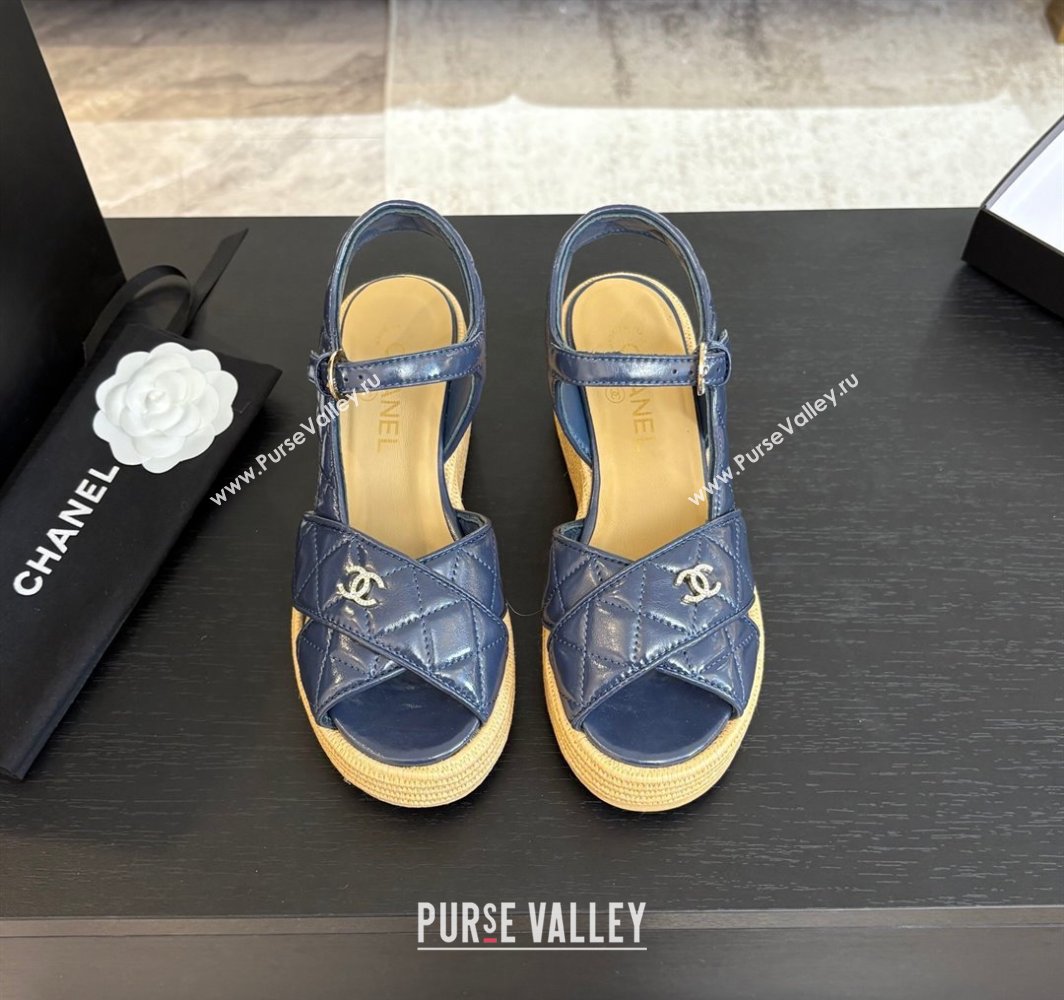 Chanel Shiny Calfskin Strap Wedge Sandals 12cm Dark Blue 2025 CH030408 (MD-250304121)
