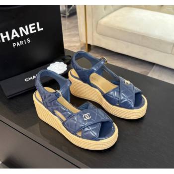 Chanel Shiny Calfskin Strap Wedge Sandals 12cm Dark Blue 2025 CH030408 (MD-250304121)