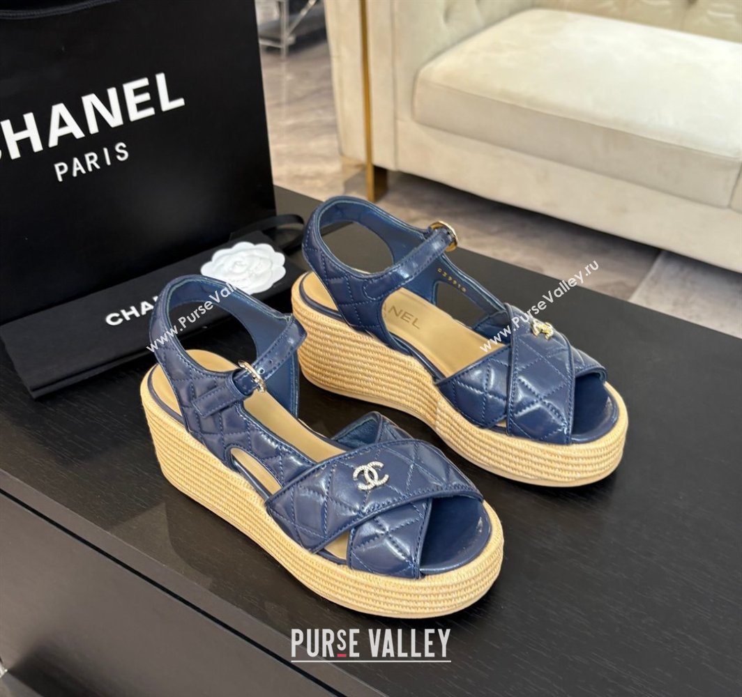Chanel Shiny Calfskin Strap Wedge Sandals 12cm Dark Blue 2025 CH030408 (MD-250304121)