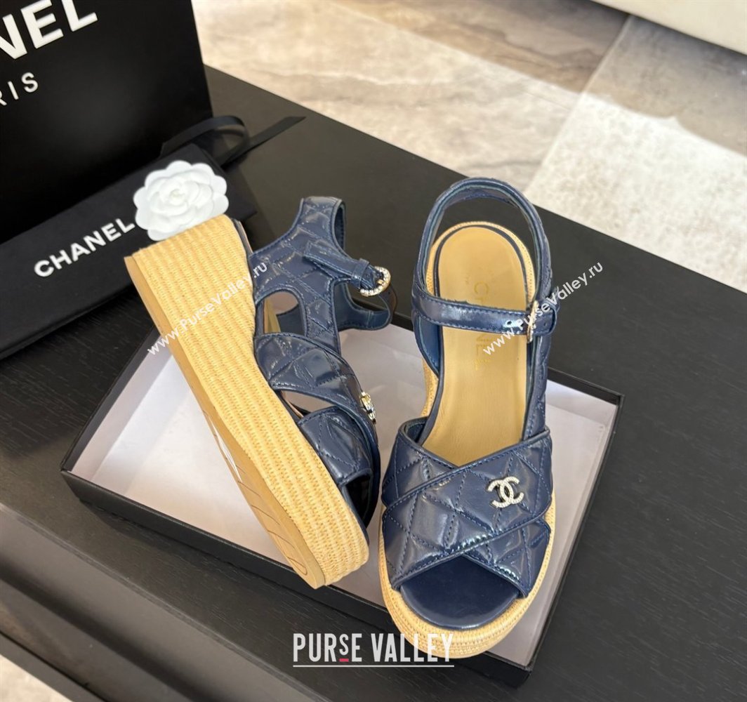 Chanel Shiny Calfskin Strap Wedge Sandals 12cm Dark Blue 2025 CH030408 (MD-250304121)