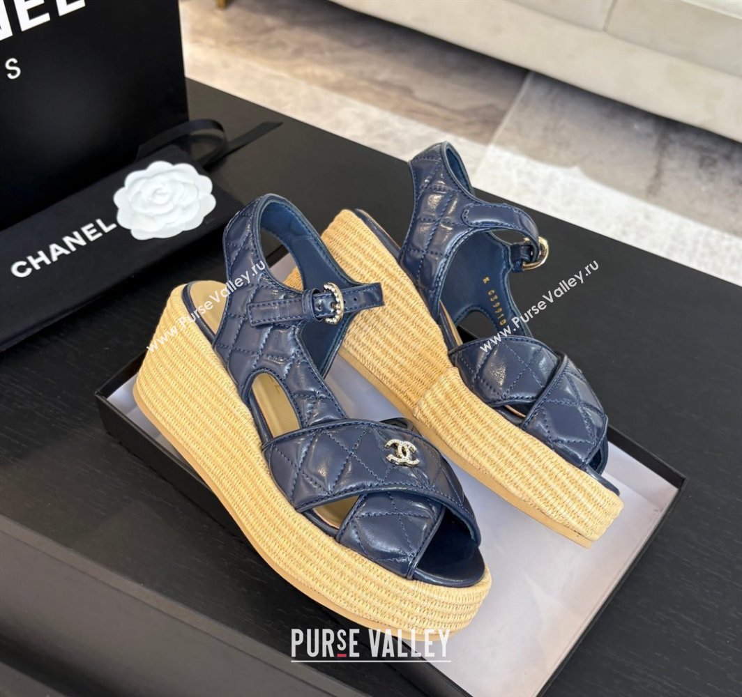 Chanel Shiny Calfskin Strap Wedge Sandals 12cm Dark Blue 2025 CH030408 (MD-250304121)