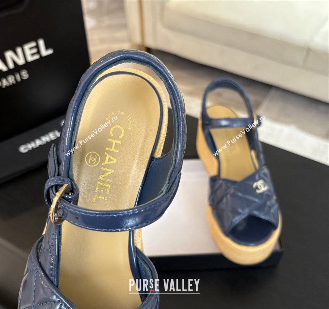 Chanel Shiny Calfskin Strap Wedge Sandals 12cm Dark Blue 2025 CH030408 (MD-250304121)
