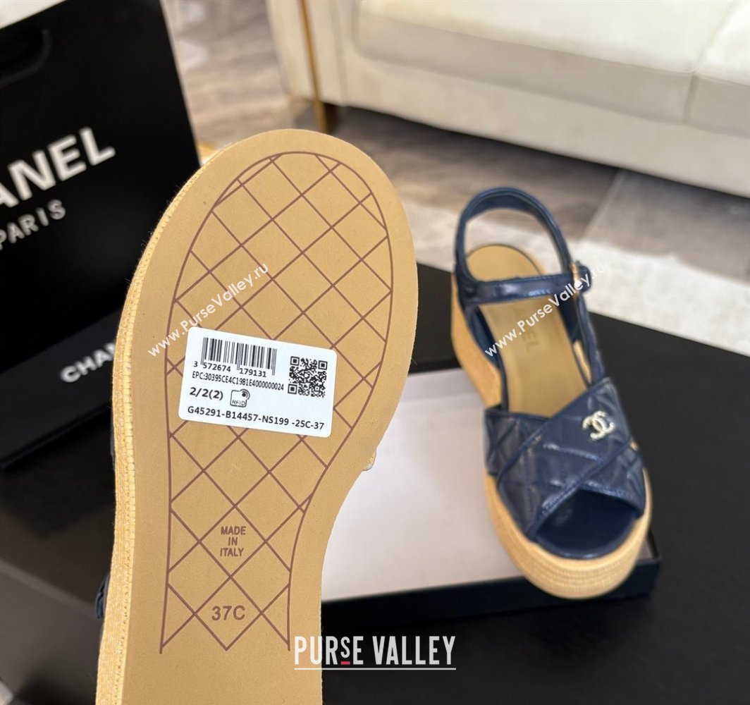 Chanel Shiny Calfskin Strap Wedge Sandals 12cm Dark Blue 2025 CH030408 (MD-250304121)