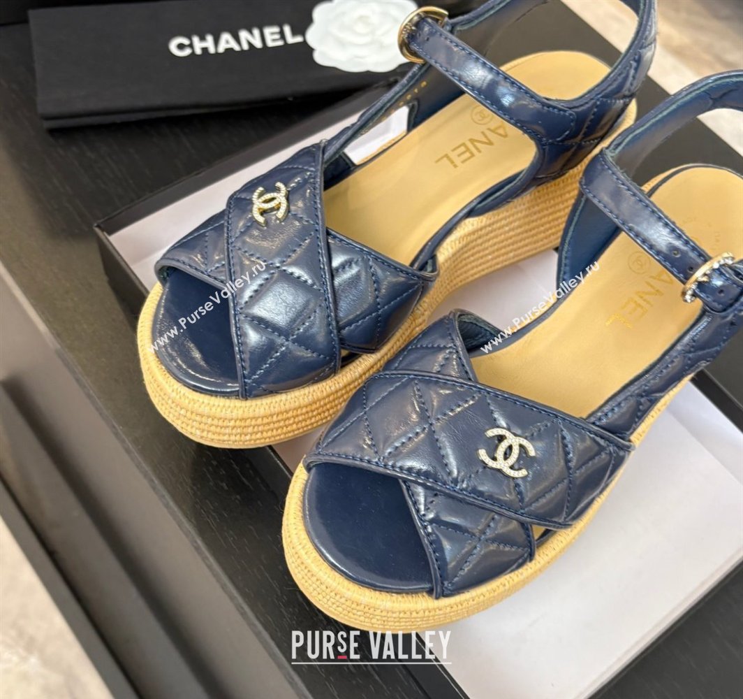 Chanel Shiny Calfskin Strap Wedge Sandals 12cm Dark Blue 2025 CH030408 (MD-250304121)