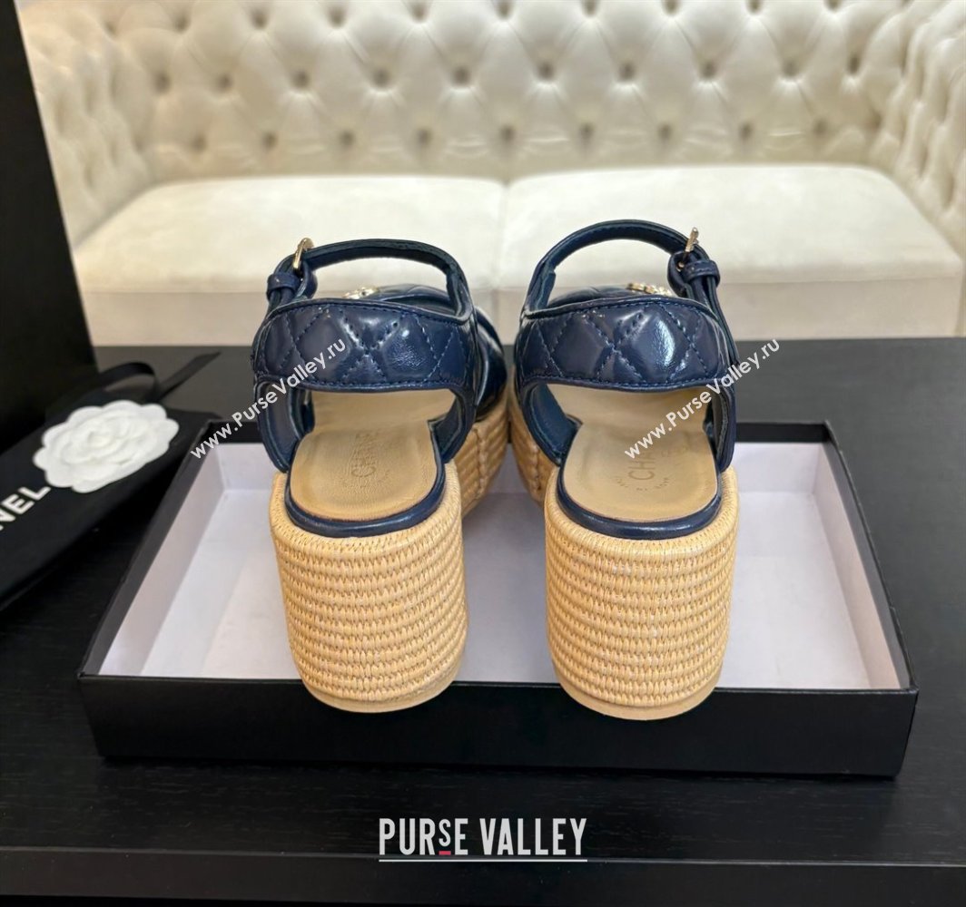 Chanel Shiny Calfskin Strap Wedge Sandals 12cm Dark Blue 2025 CH030408 (MD-250304121)