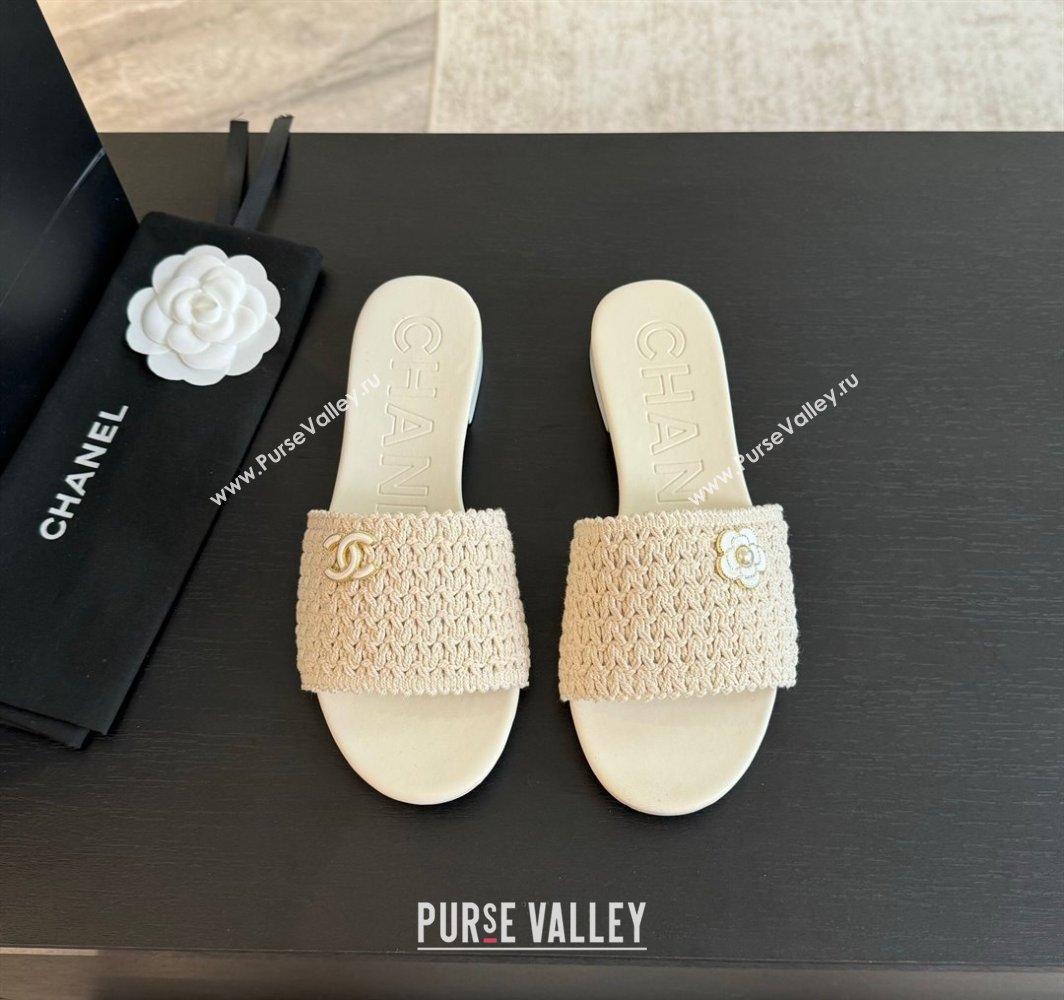 Chanel Crochet Flat Slides Sandal with Camellia Bloom White 2025 CH030101 (MD-250301020)