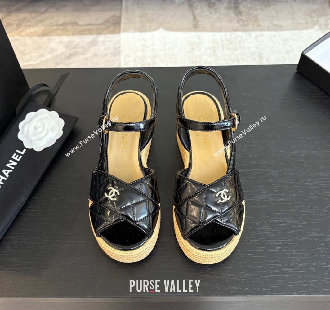 Chanel Shiny Calfskin Strap Wedge Sandals 12cm Black 2025 CH030408 (MD-250304123)