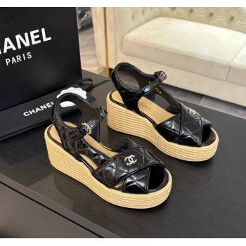 Chanel Shiny Calfskin Strap Wedge Sandals 12cm Black 2025 CH030408 (MD-250304123)