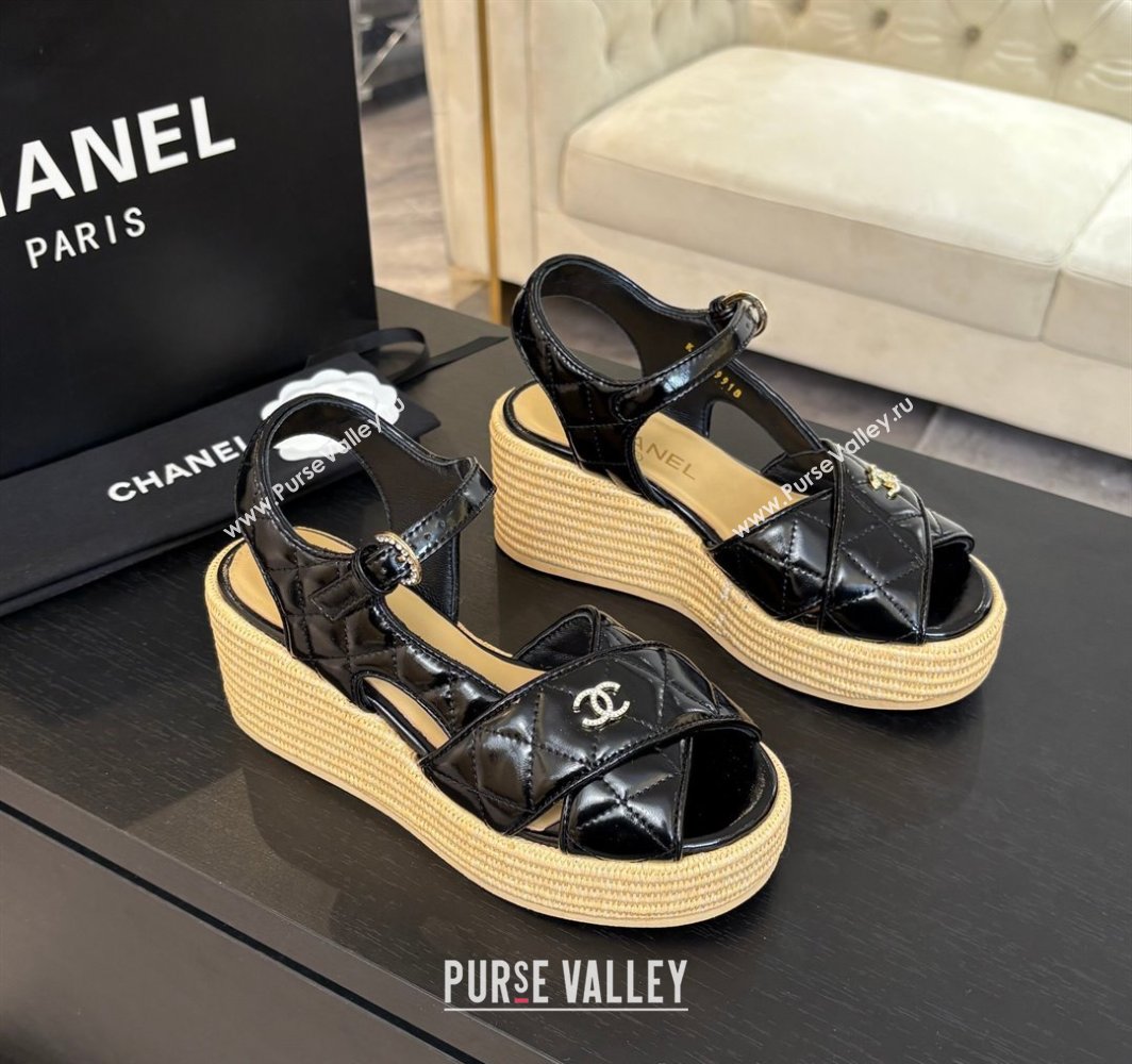 Chanel Shiny Calfskin Strap Wedge Sandals 12cm Black 2025 CH030408 (MD-250304123)
