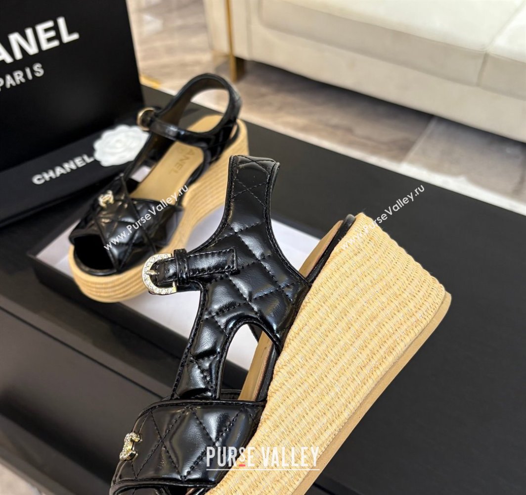 Chanel Shiny Calfskin Strap Wedge Sandals 12cm Black 2025 CH030408 (MD-250304123)