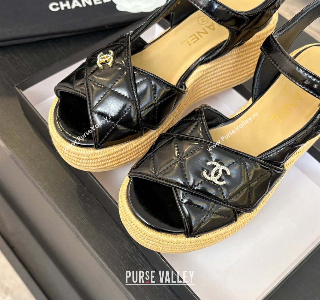 Chanel Shiny Calfskin Strap Wedge Sandals 12cm Black 2025 CH030408 (MD-250304123)