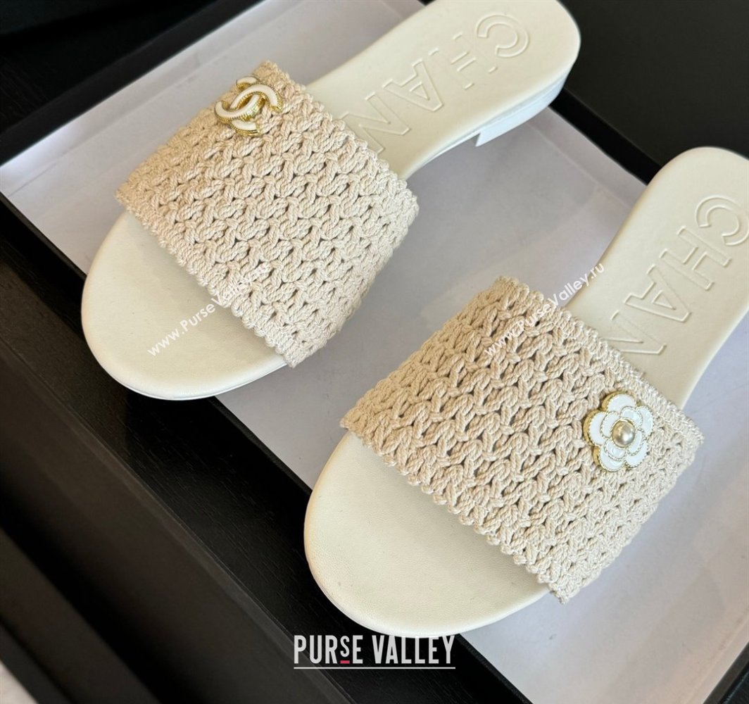 Chanel Crochet Flat Slides Sandal with Camellia Bloom White 2025 CH030101 (MD-250301020)