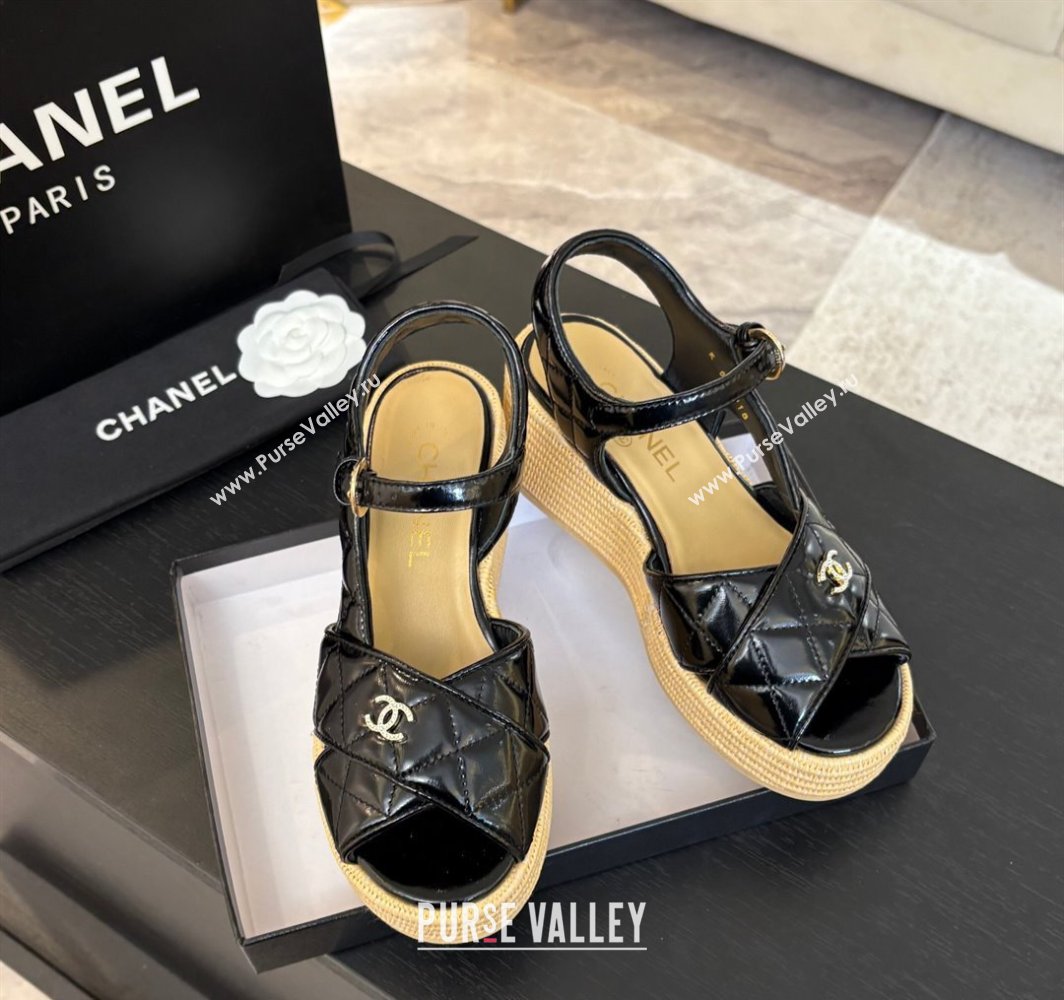 Chanel Shiny Calfskin Strap Wedge Sandals 12cm Black 2025 CH030408 (MD-250304123)
