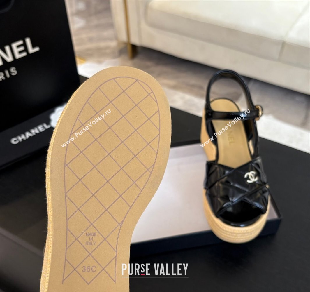 Chanel Shiny Calfskin Strap Wedge Sandals 12cm Black 2025 CH030408 (MD-250304123)