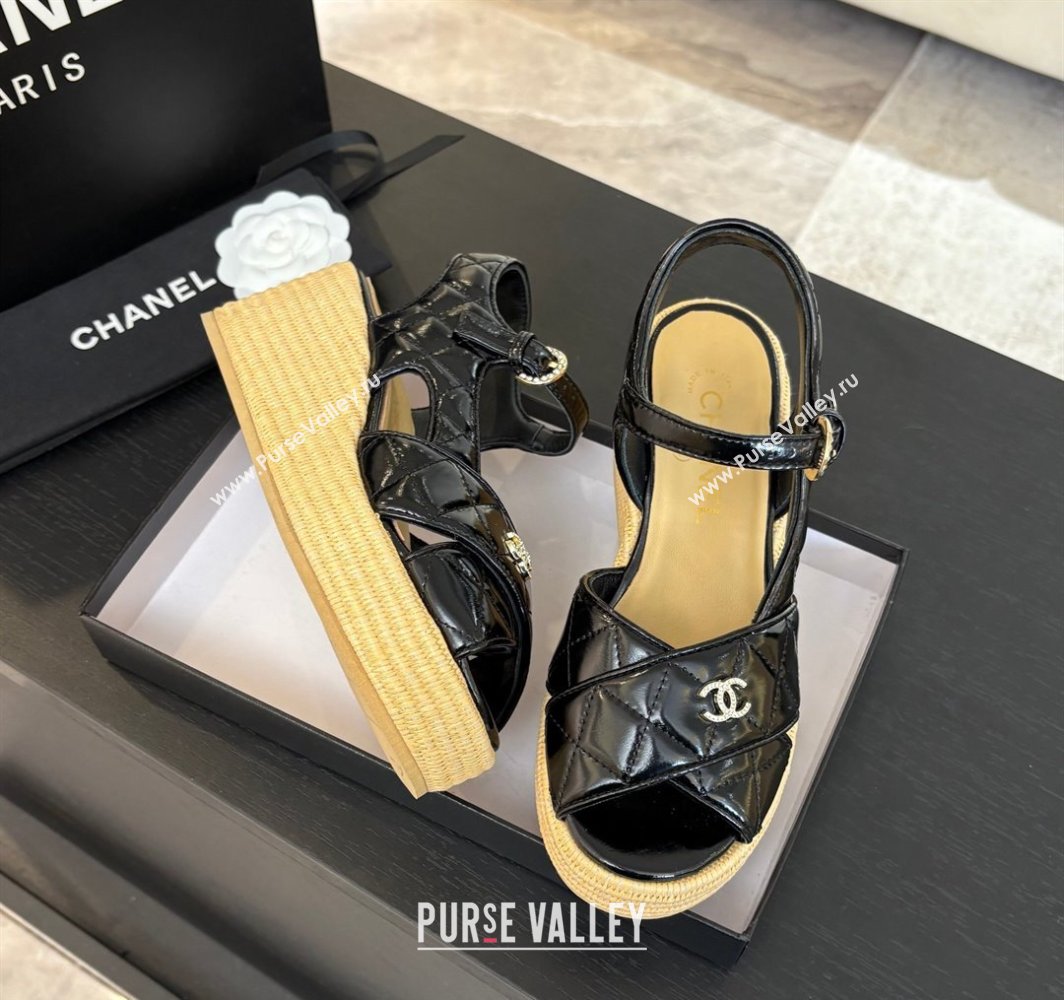 Chanel Shiny Calfskin Strap Wedge Sandals 12cm Black 2025 CH030408 (MD-250304123)