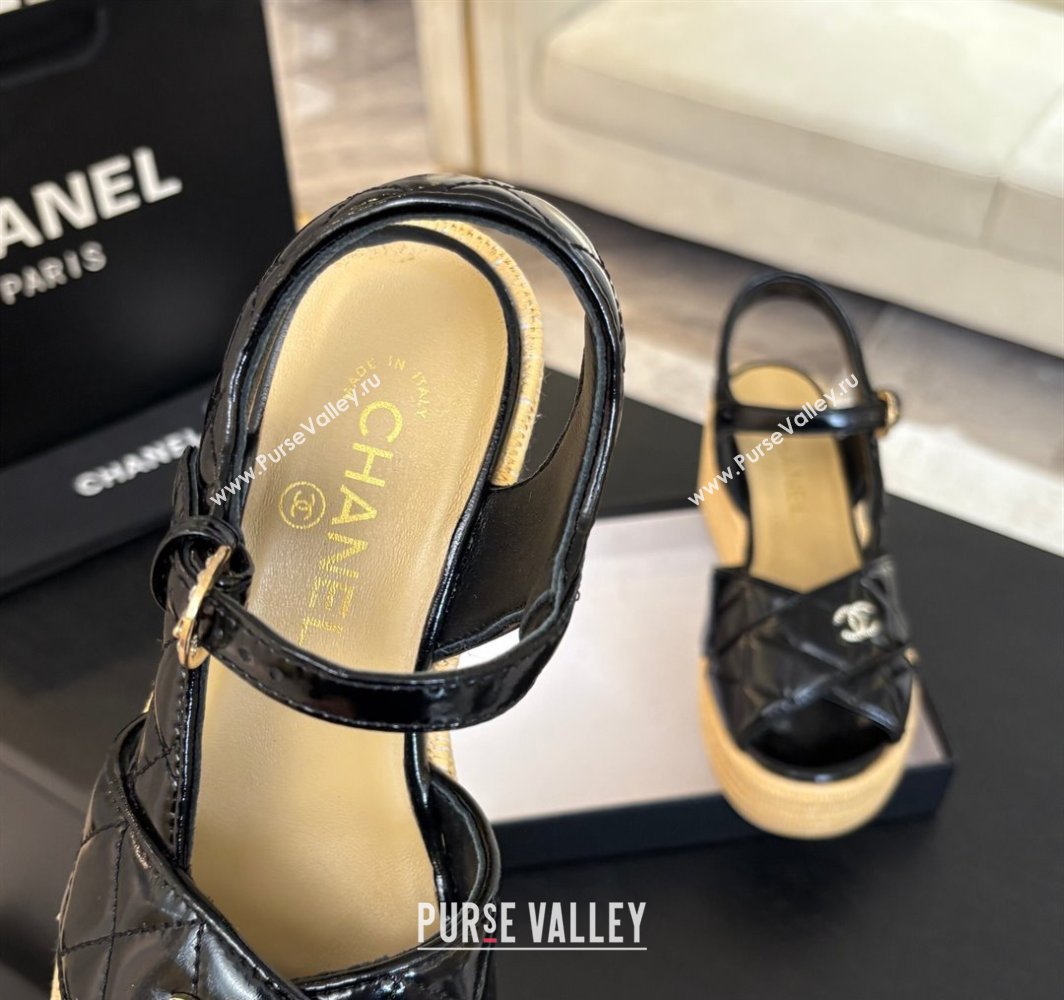 Chanel Shiny Calfskin Strap Wedge Sandals 12cm Black 2025 CH030408 (MD-250304123)