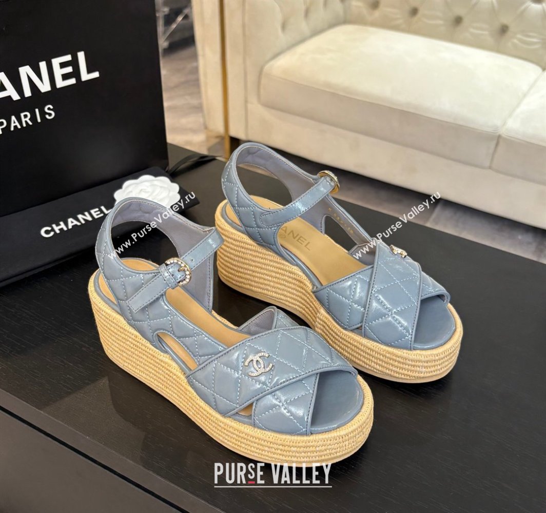 Chanel Shiny Calfskin Strap Wedge Sandals 12cm Grey 2025 CH030408 (MD-250304124)