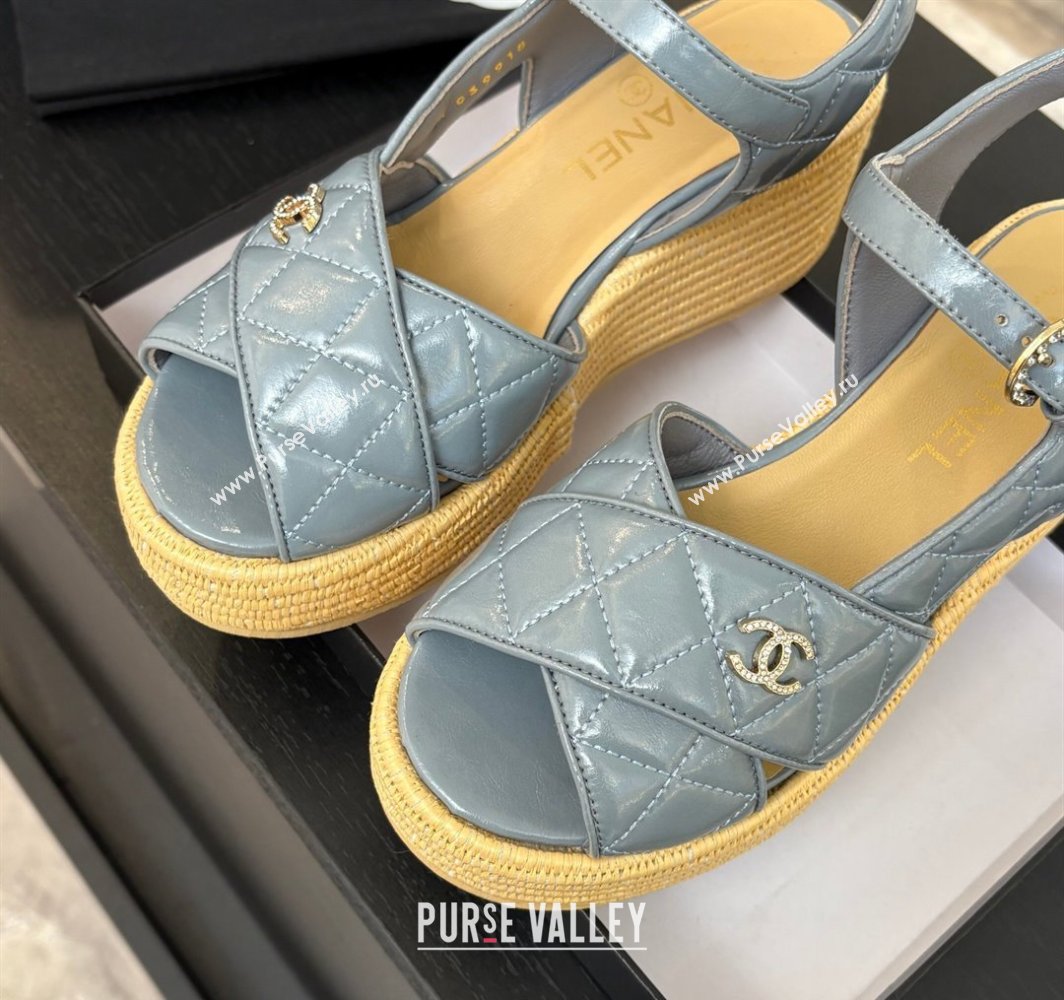Chanel Shiny Calfskin Strap Wedge Sandals 12cm Grey 2025 CH030408 (MD-250304124)