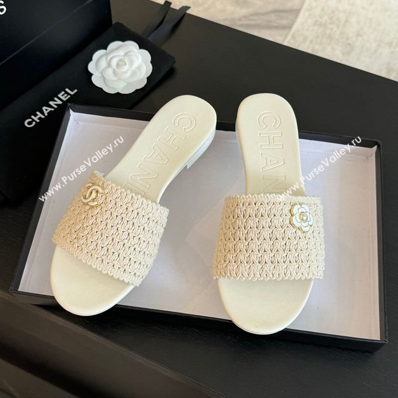 Chanel Crochet Flat Slides Sandal with Camellia Bloom White 2025 CH030101 (MD-250301020)