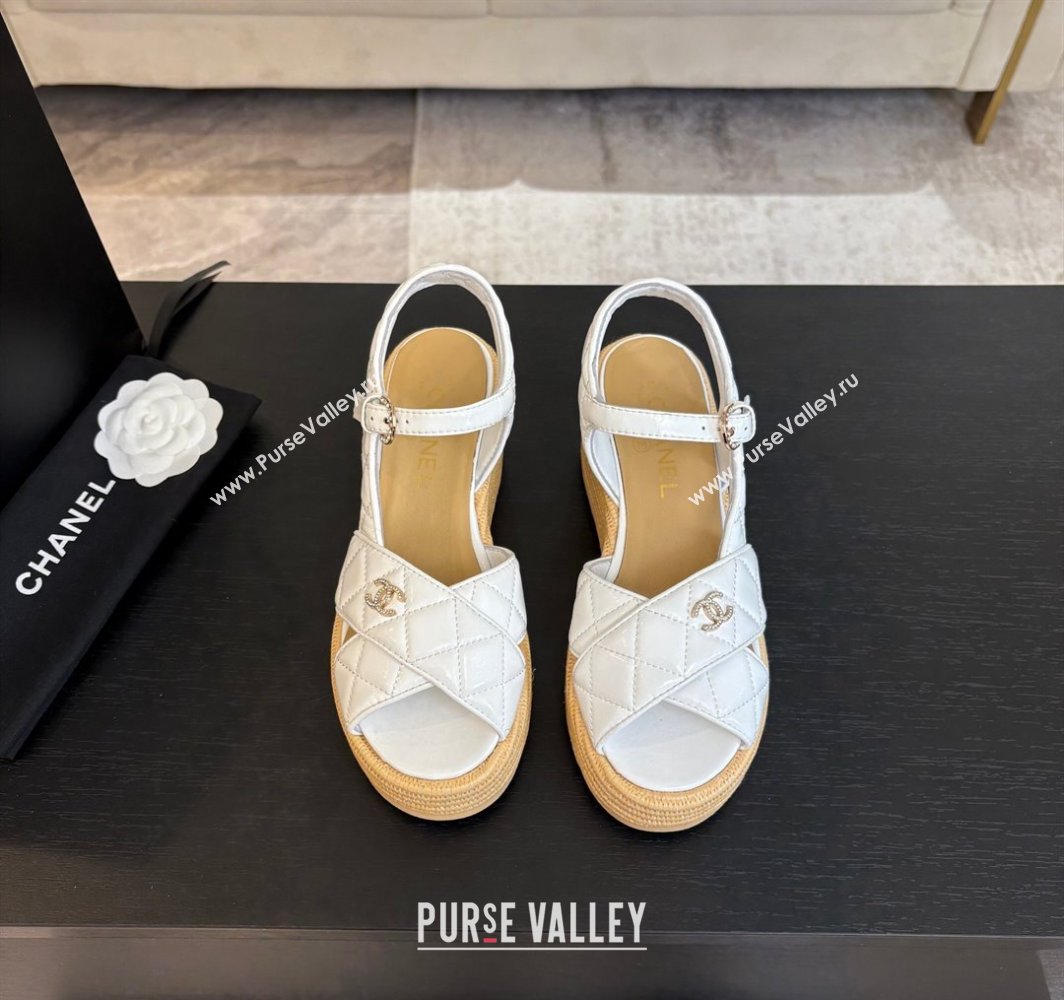 Chanel Shiny Calfskin Strap Wedge Sandals 12cm White 2025 CH030408 (MD-250304125)