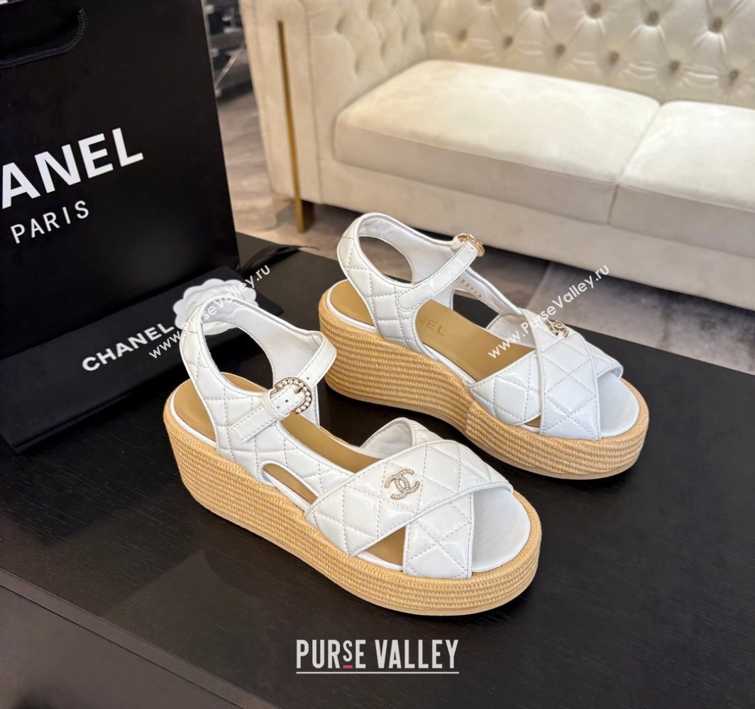 Chanel Shiny Calfskin Strap Wedge Sandals 12cm White 2025 CH030408 (MD-250304125)