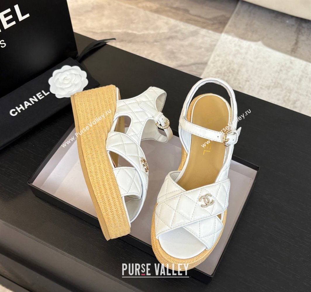Chanel Shiny Calfskin Strap Wedge Sandals 12cm White 2025 CH030408 (MD-250304125)