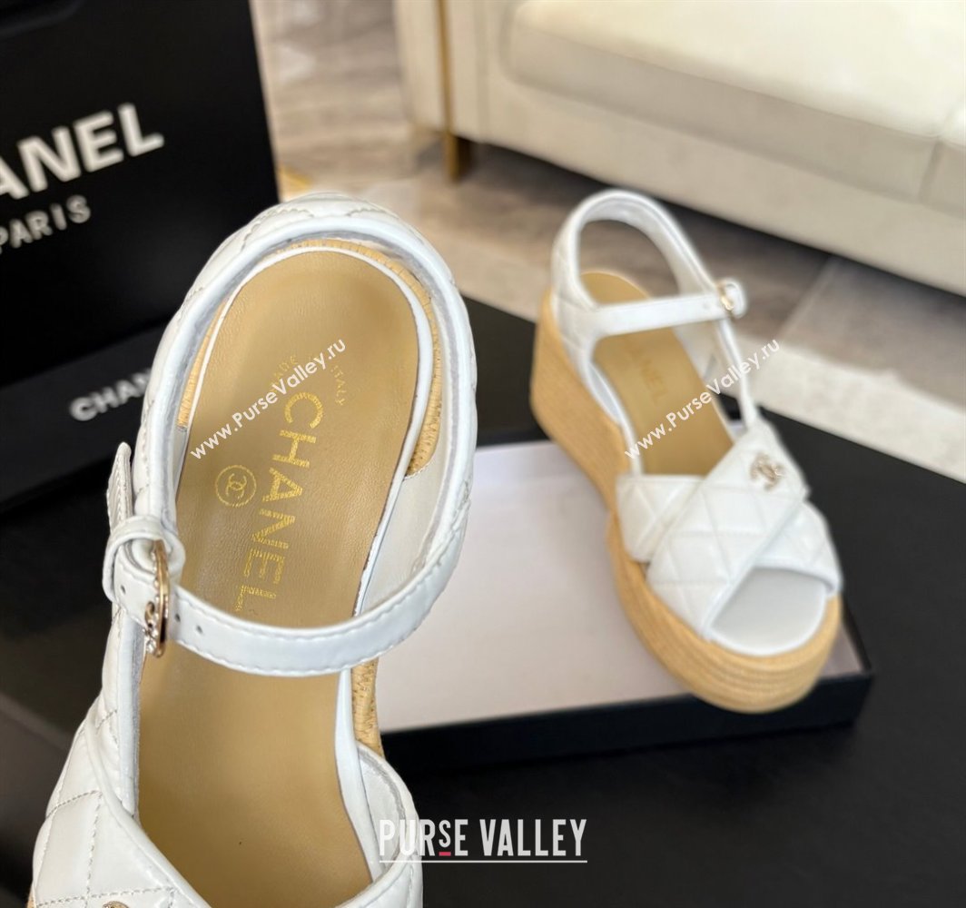 Chanel Shiny Calfskin Strap Wedge Sandals 12cm White 2025 CH030408 (MD-250304125)