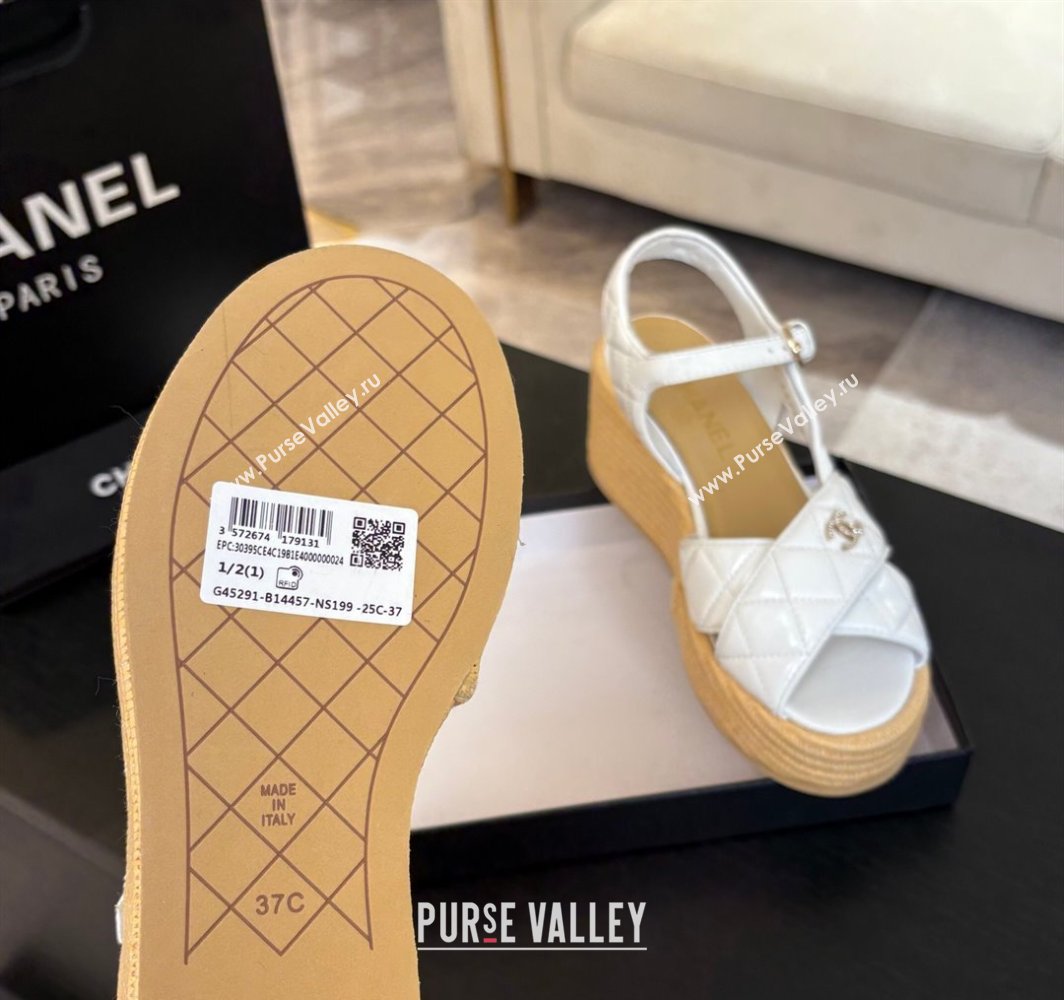 Chanel Shiny Calfskin Strap Wedge Sandals 12cm White 2025 CH030408 (MD-250304125)