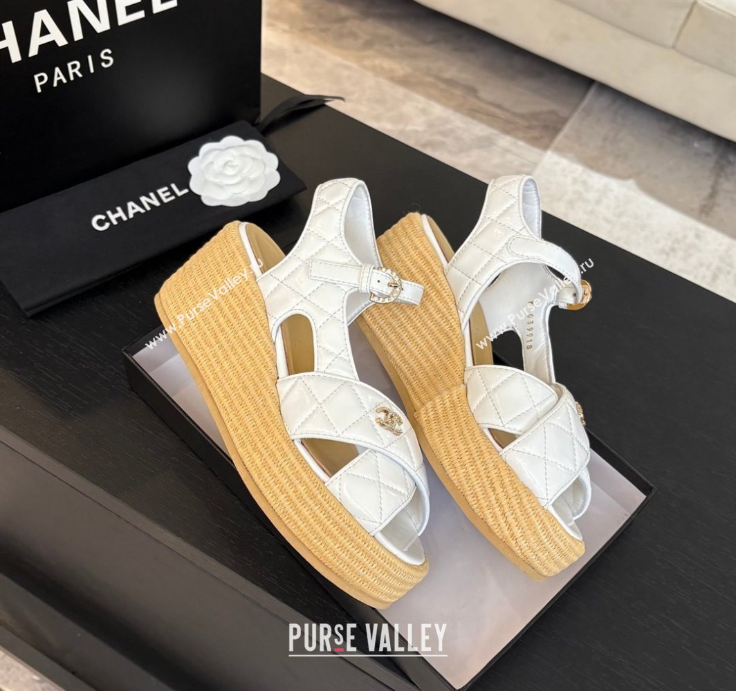 Chanel Shiny Calfskin Strap Wedge Sandals 12cm White 2025 CH030408 (MD-250304125)