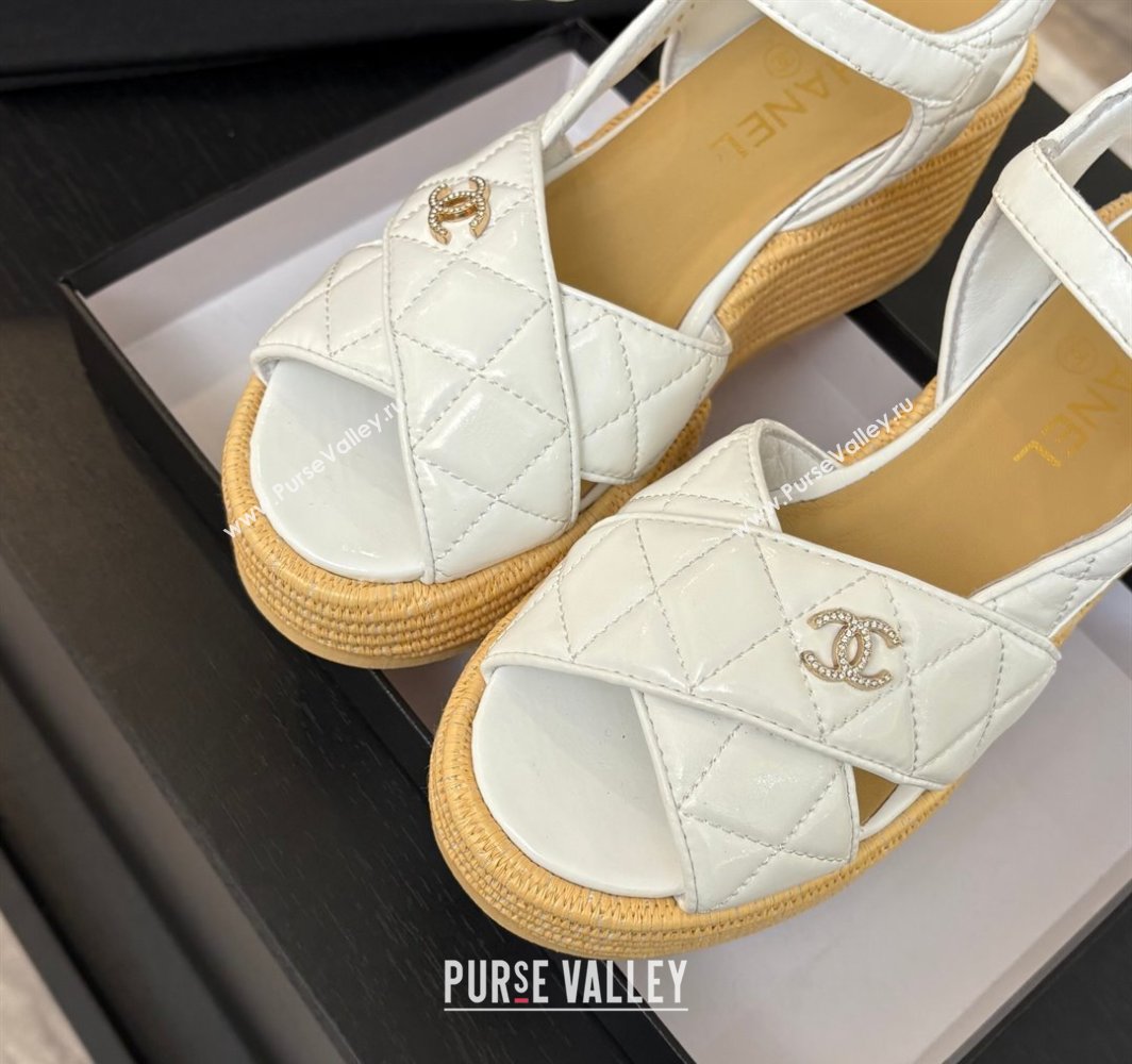 Chanel Shiny Calfskin Strap Wedge Sandals 12cm White 2025 CH030408 (MD-250304125)