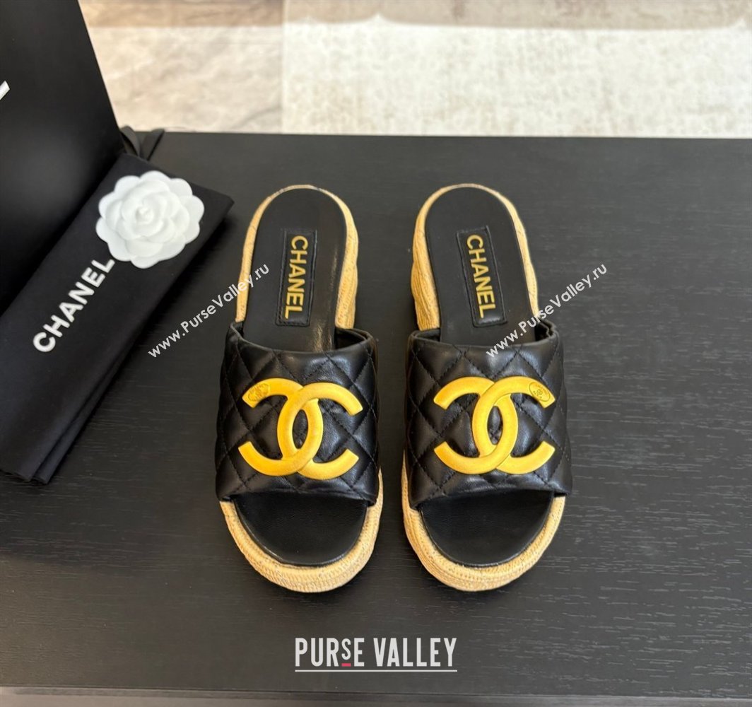 Chanel Shiny Calfskin Wedge Slides Sandal with Metal-Tone CC Black 2025 CH030409 (MD-250304127)