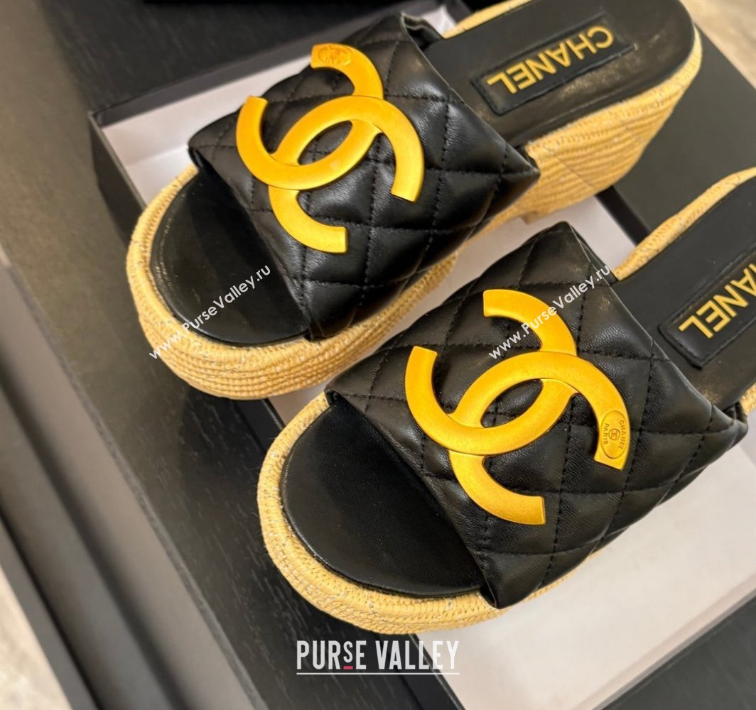 Chanel Shiny Calfskin Wedge Slides Sandal with Metal-Tone CC Black 2025 CH030409 (MD-250304127)