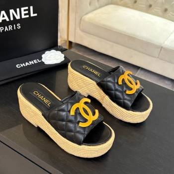 Chanel Shiny Calfskin Wedge Slides Sandal with Metal-Tone CC Black 2025 CH030409 (MD-250304127)