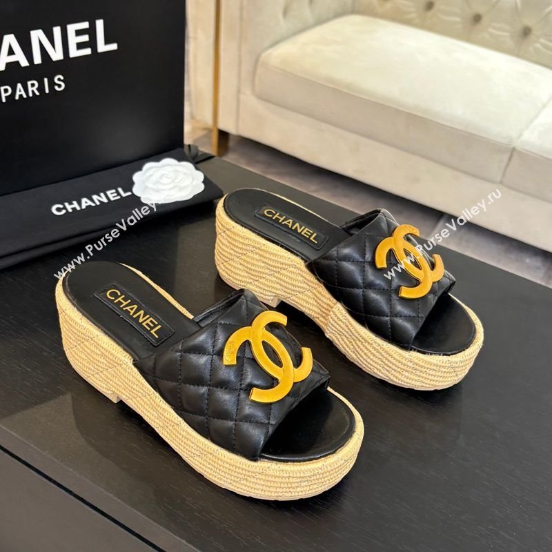 Chanel Shiny Calfskin Wedge Slides Sandal with Metal-Tone CC Black 2025 CH030409 (MD-250304127)