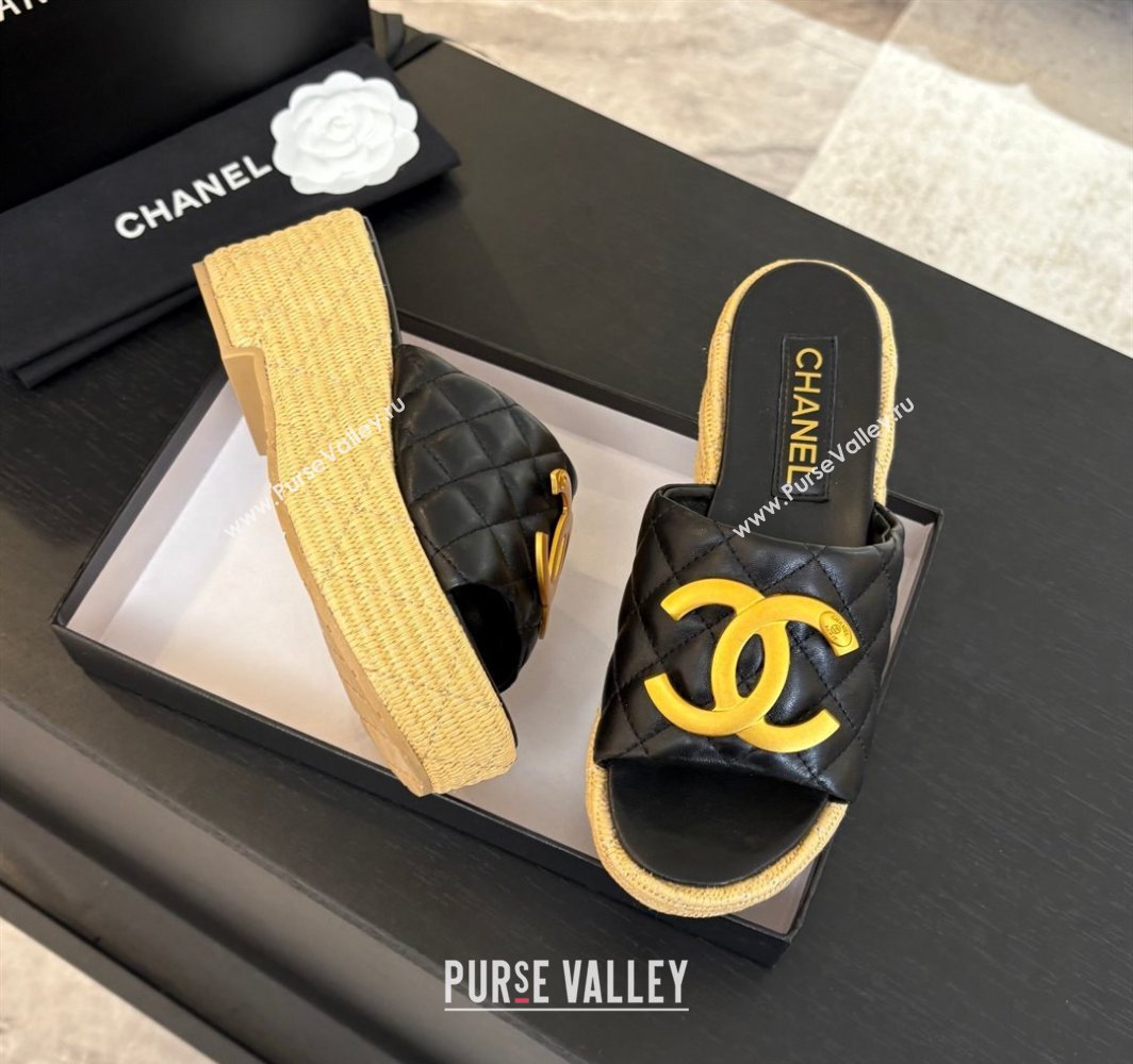 Chanel Shiny Calfskin Wedge Slides Sandal with Metal-Tone CC Black 2025 CH030409 (MD-250304127)