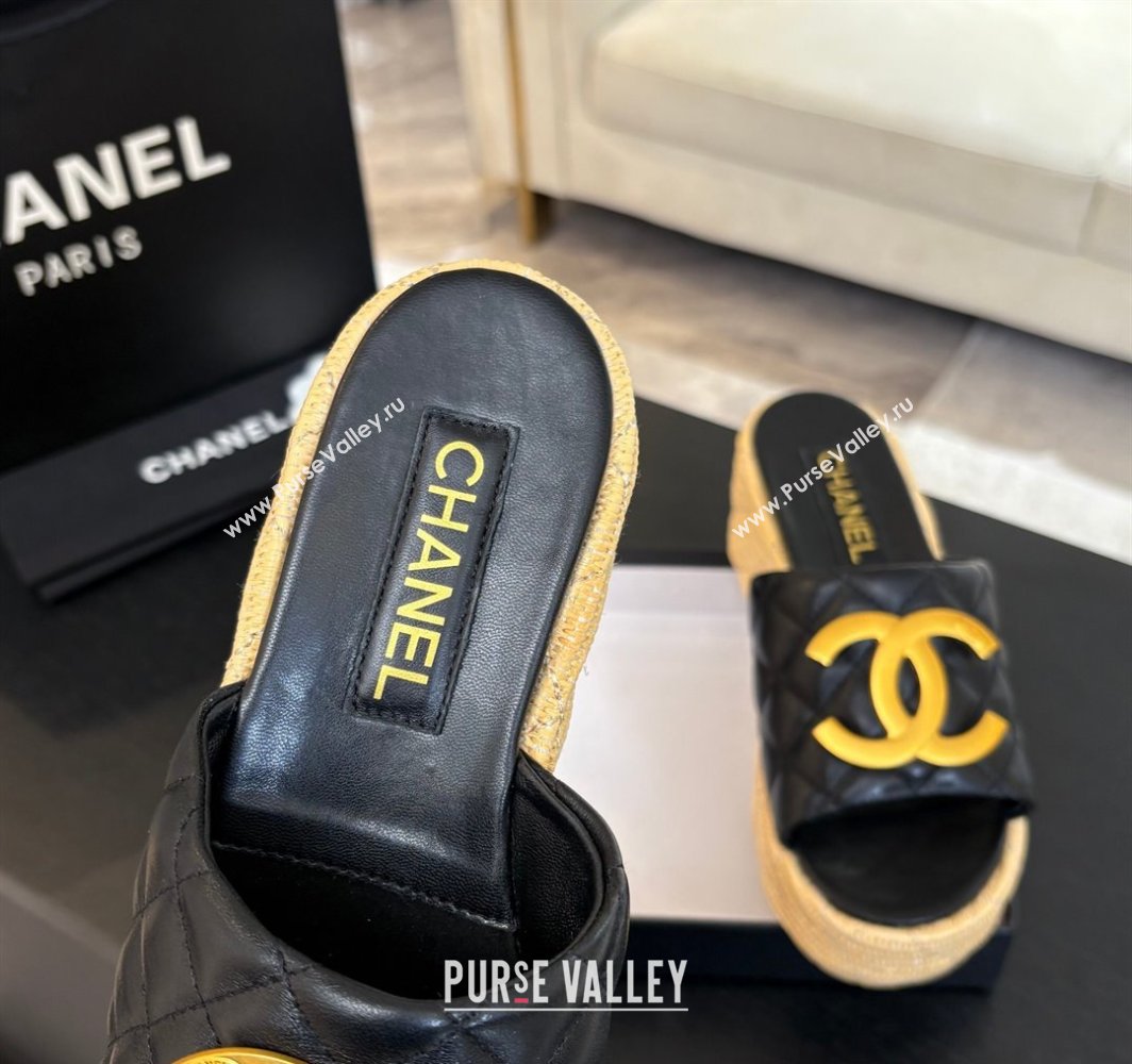 Chanel Shiny Calfskin Wedge Slides Sandal with Metal-Tone CC Black 2025 CH030409 (MD-250304127)