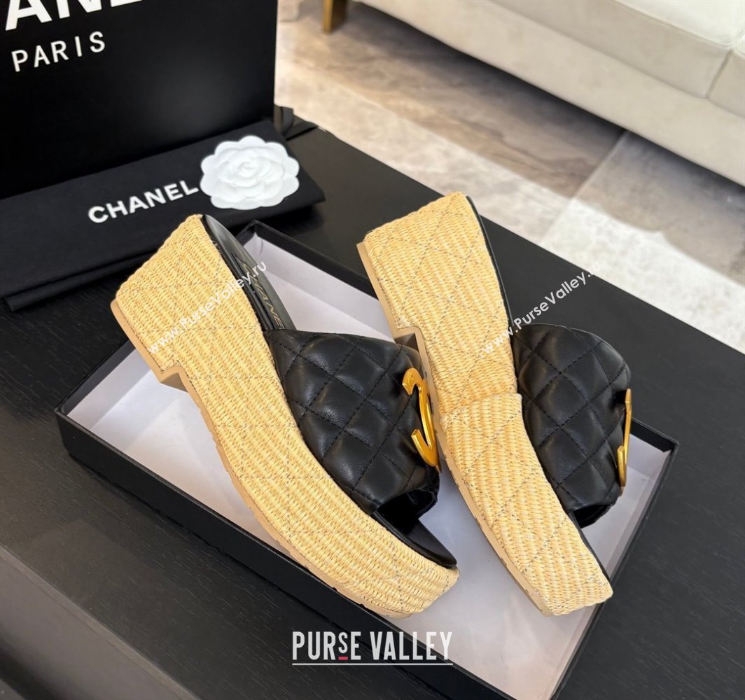 Chanel Shiny Calfskin Wedge Slides Sandal with Metal-Tone CC Black 2025 CH030409 (MD-250304127)