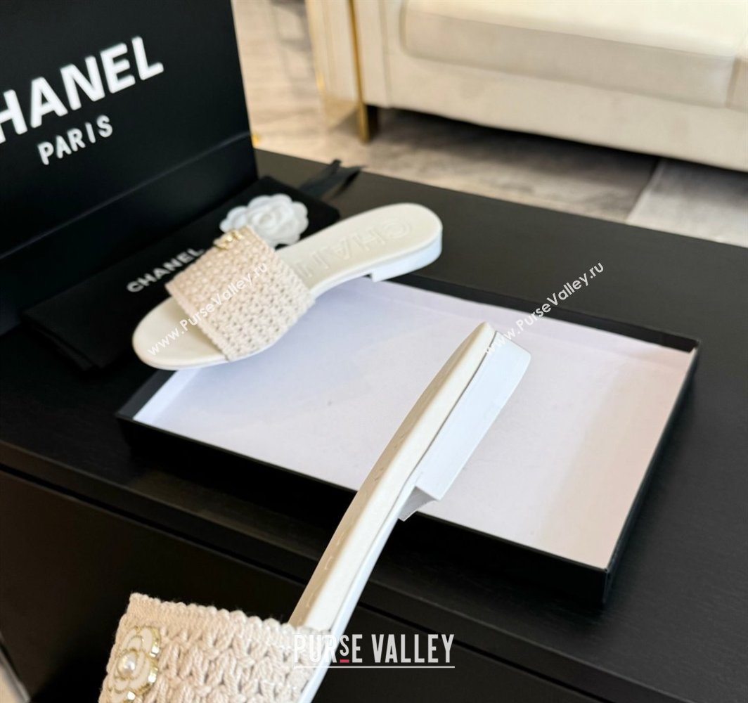 Chanel Crochet Flat Slides Sandal with Camellia Bloom White 2025 CH030101 (MD-250301020)