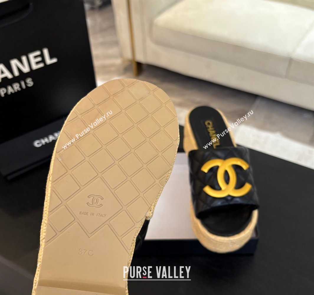 Chanel Shiny Calfskin Wedge Slides Sandal with Metal-Tone CC Black 2025 CH030409 (MD-250304127)