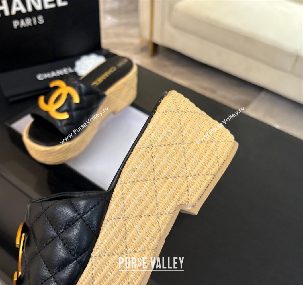 Chanel Shiny Calfskin Wedge Slides Sandal with Metal-Tone CC Black 2025 CH030409 (MD-250304127)