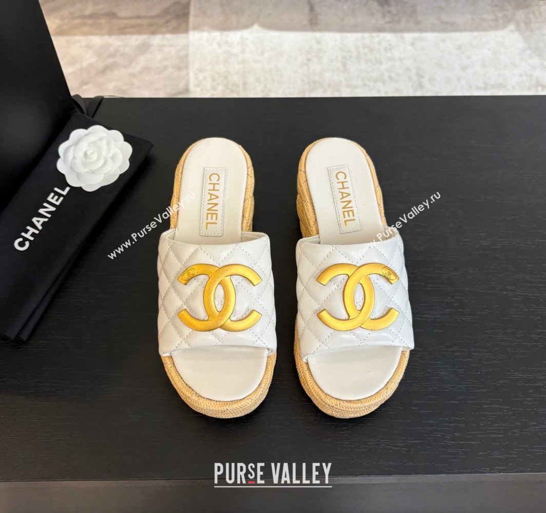 Chanel Shiny Calfskin Wedge Slides Sandal with Metal-Tone CC White 2025 CH030409 (MD-250304128)