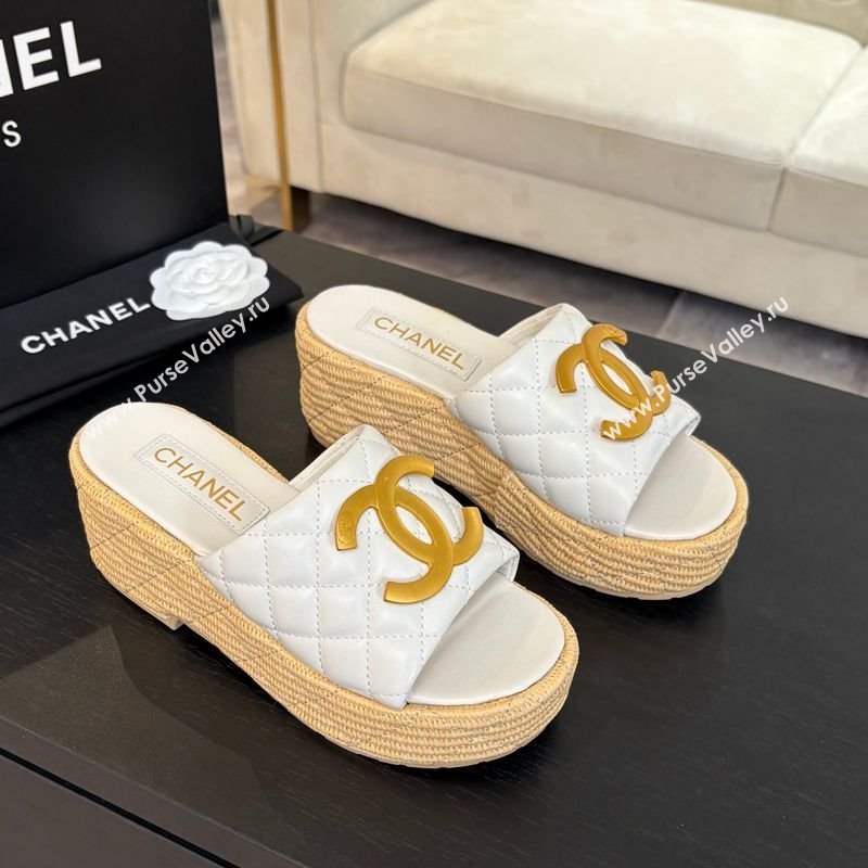 Chanel Shiny Calfskin Wedge Slides Sandal with Metal-Tone CC White 2025 CH030409 (MD-250304128)