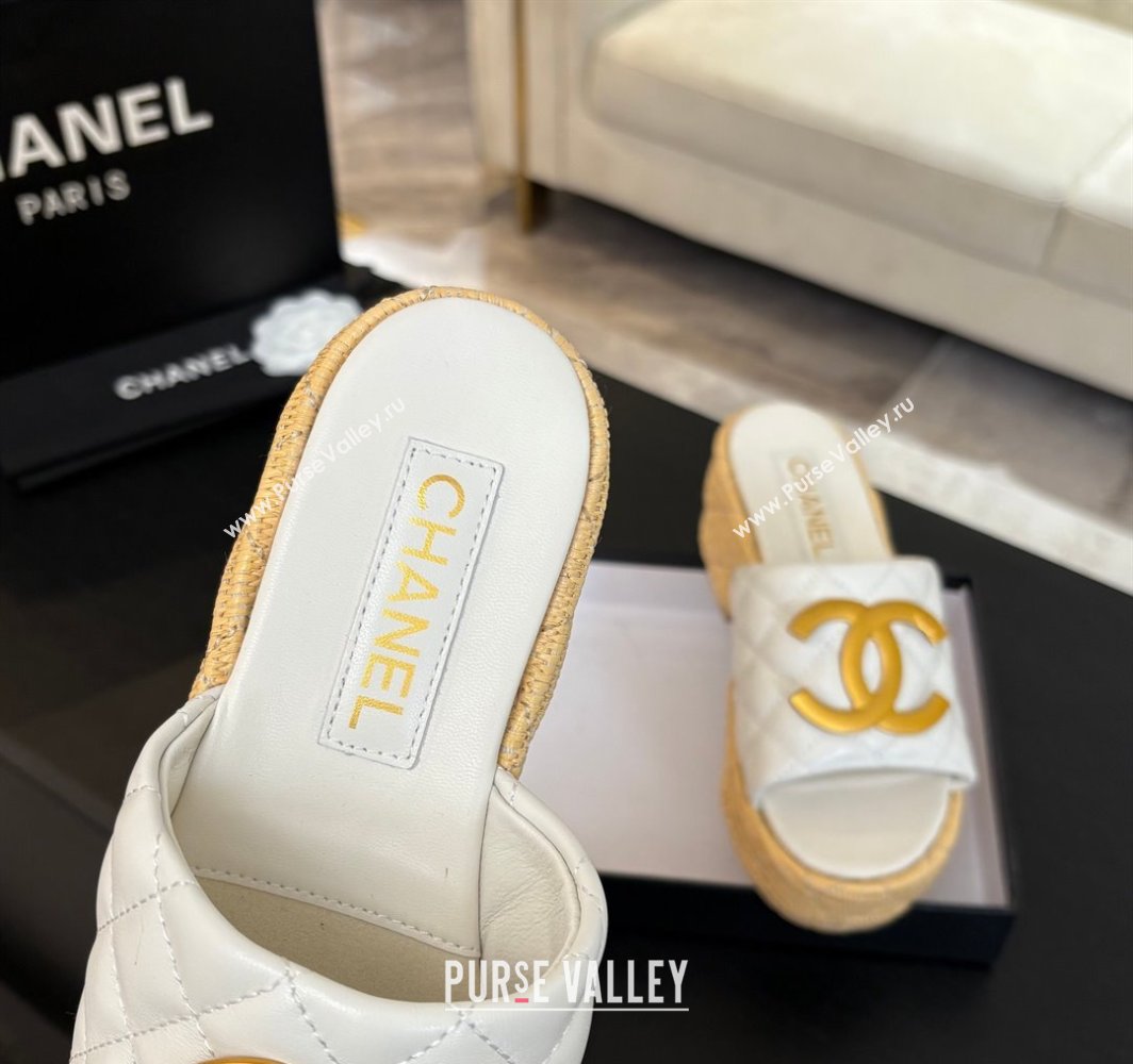 Chanel Shiny Calfskin Wedge Slides Sandal with Metal-Tone CC White 2025 CH030409 (MD-250304128)